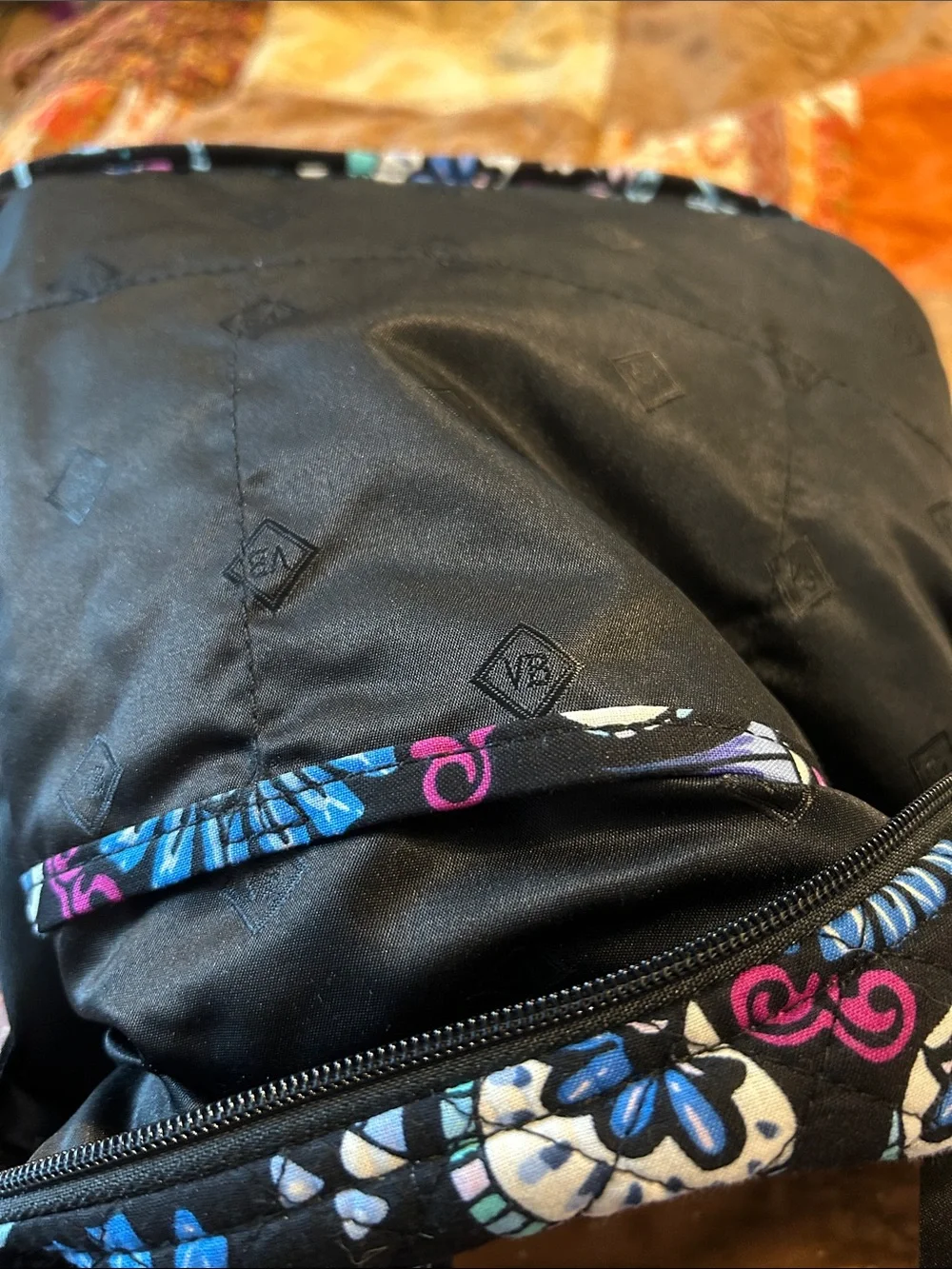 Vera Bradley Black Quilted Crossbody with Blue, Pink & Cream Floral Pattern